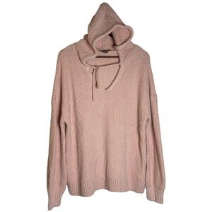 Belle by Belldini Pink Fuzzy Oversized Knit Hoodie Sweater V Neck Ties Large L